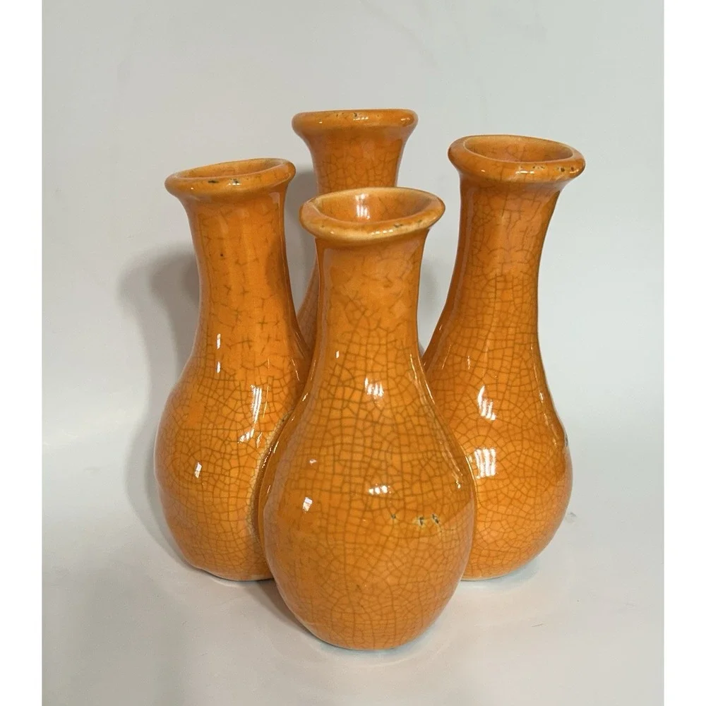 Vintage 70s Bud Vase Crackled Orange Glaze Ceramic 4 Chamber MCM Decor 7x6.5
